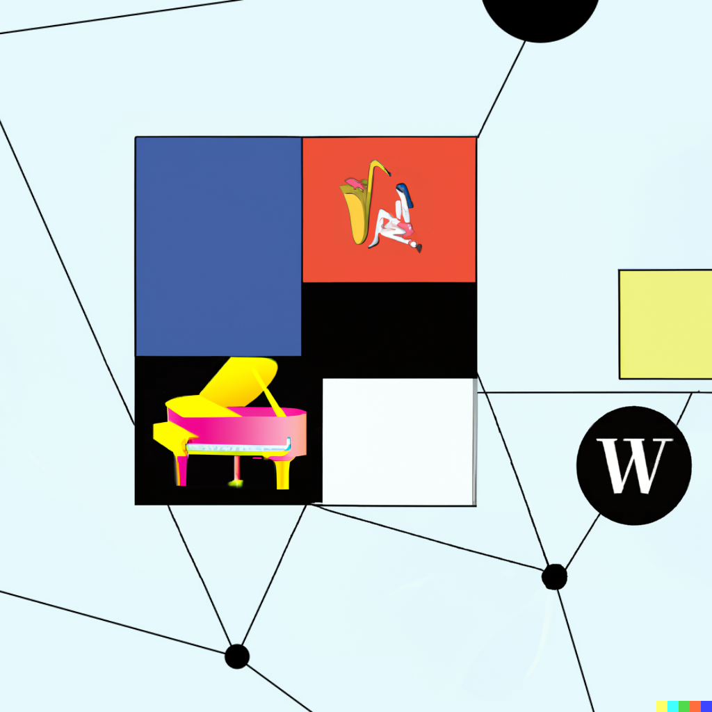 DALL&middot;E-generated art based on StellarWP's visual style with Piet Mondrian's modernist geometric influences: a rectangle segmented into smaller black, white, red, and blue rectangular sections over black dots connected by thin black lines. A large white serif 'W' fills one of the dots, and piano as well as a saxophone in front of a sitting woman in the Cubist style are superimposed on two of the colored segments inside the large rectangle.