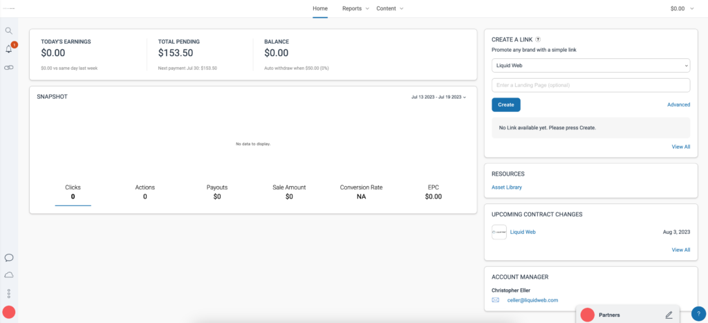 Screenshot of the Impact dashboard including earnings, resources, contract, and contact information.