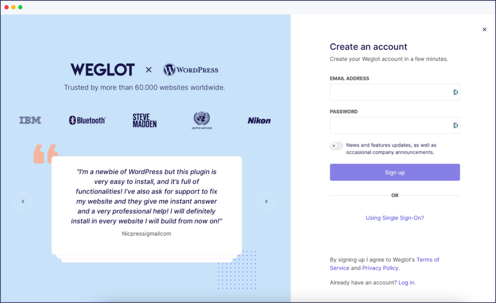 Screen shot showing the signup for a Weglot account.