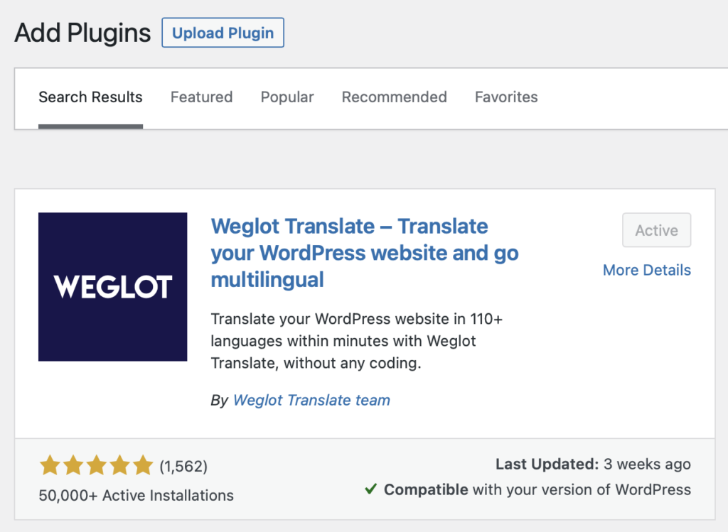 Screen shot of the Weglot plugin in the WordPress directory