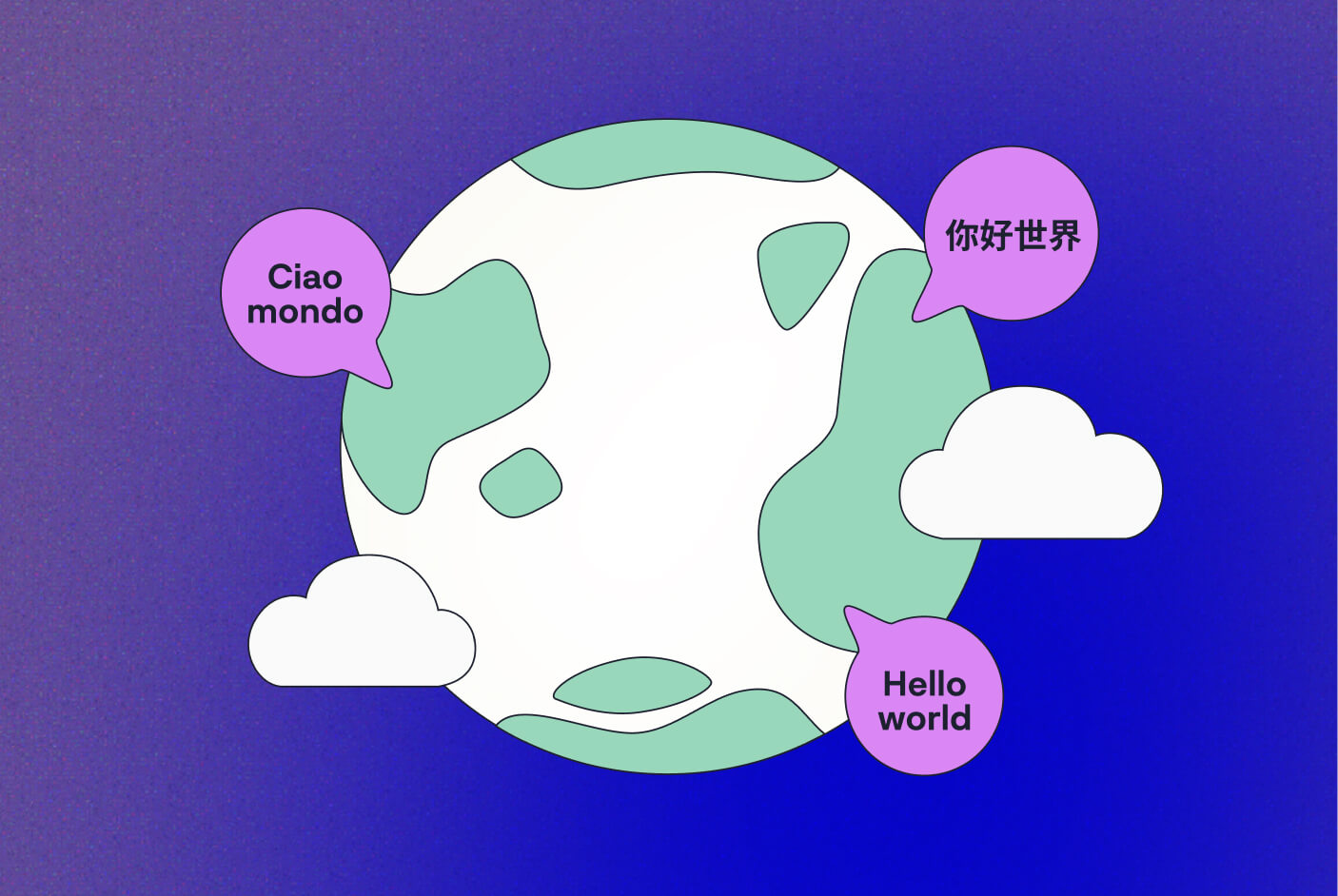 A graphic of the world with "Hello World" in several different languages