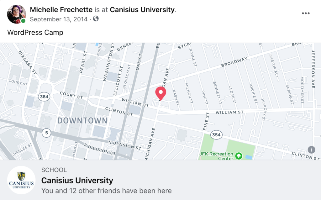A Facebook checkin to WordCamp Buffalo 2014 where I called it "WordPress Camp"