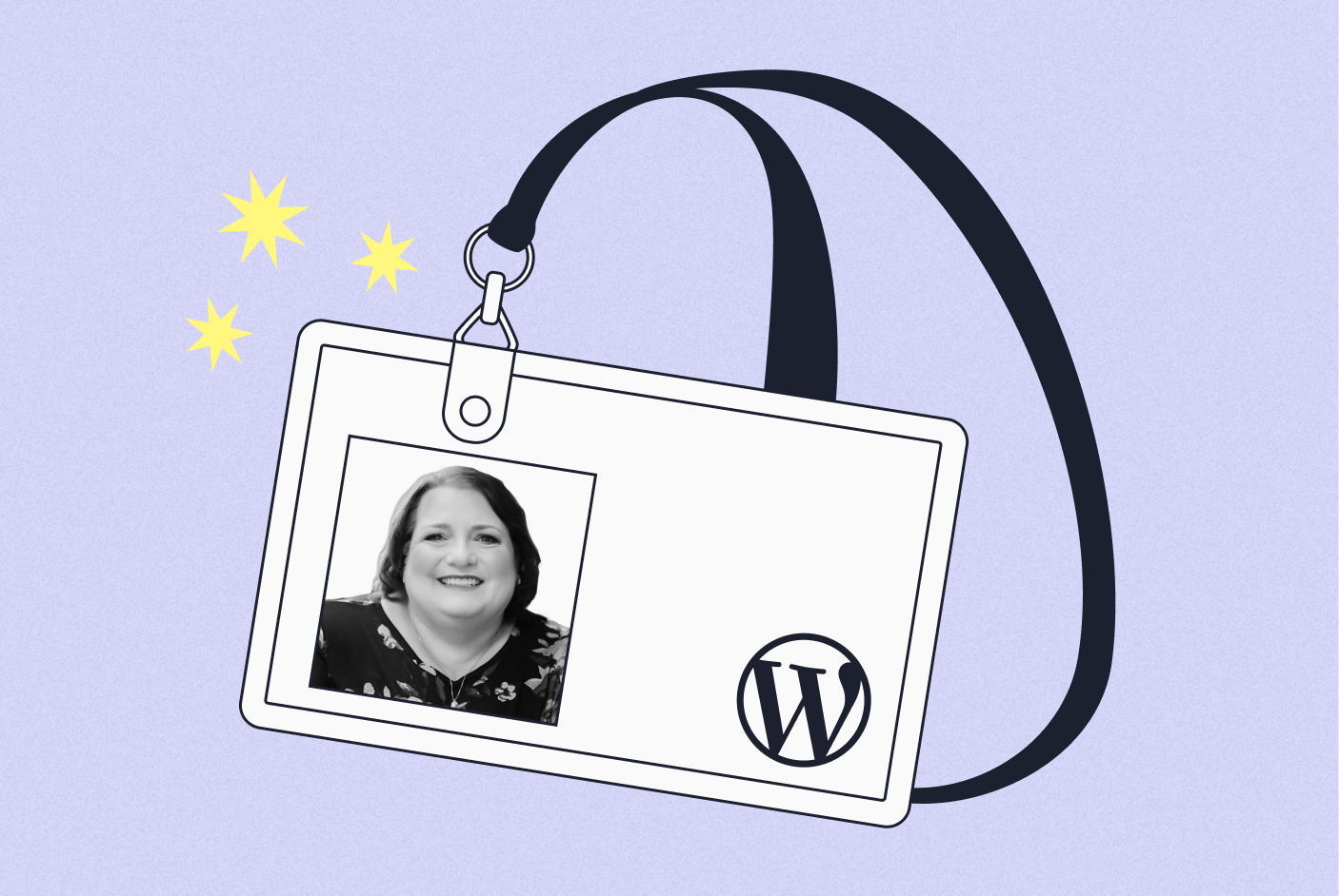 A lanyard with a WordCamp badge with the WordPress logo and Michelle's headshot.