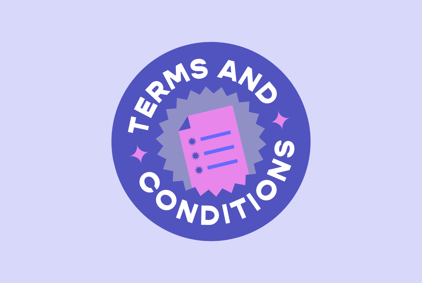 A purple and blue graphic of a piece of paper surrounded with the words "Terms and Conditions"