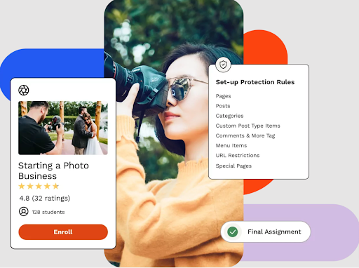 Screenshot from the LearnDash site showing a woman with a camera and information about LearnDash