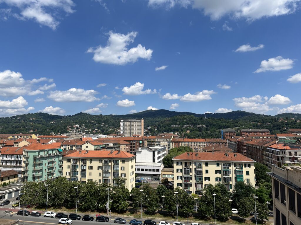 view of buildings in Torino with mountains in the background