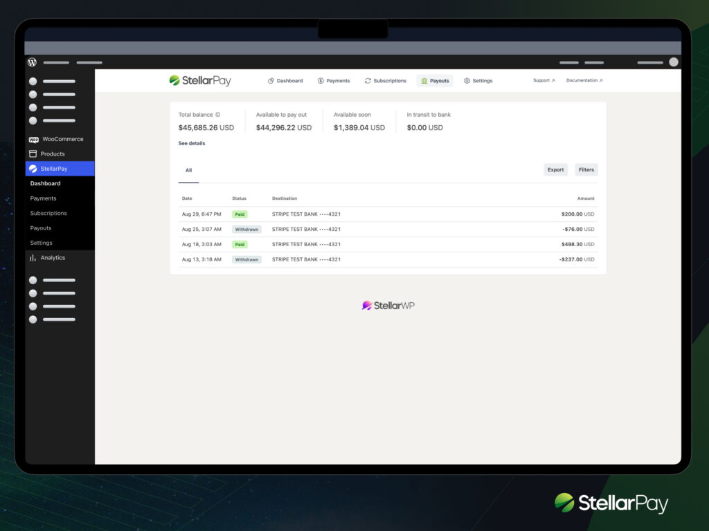 Stripe payout report in the StellarPay dasboard.