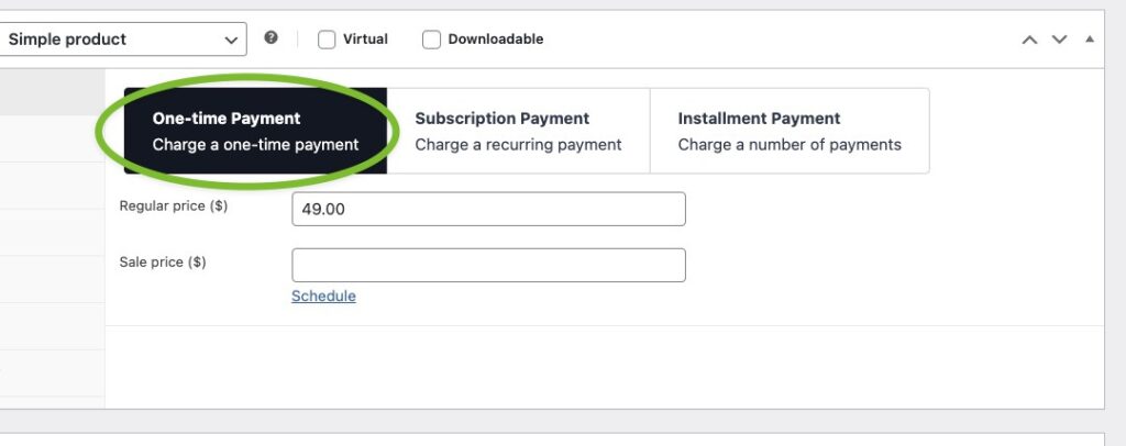 WooCommerce Product configuration with StellarPay - adding a product with a standard, one-time payment price.