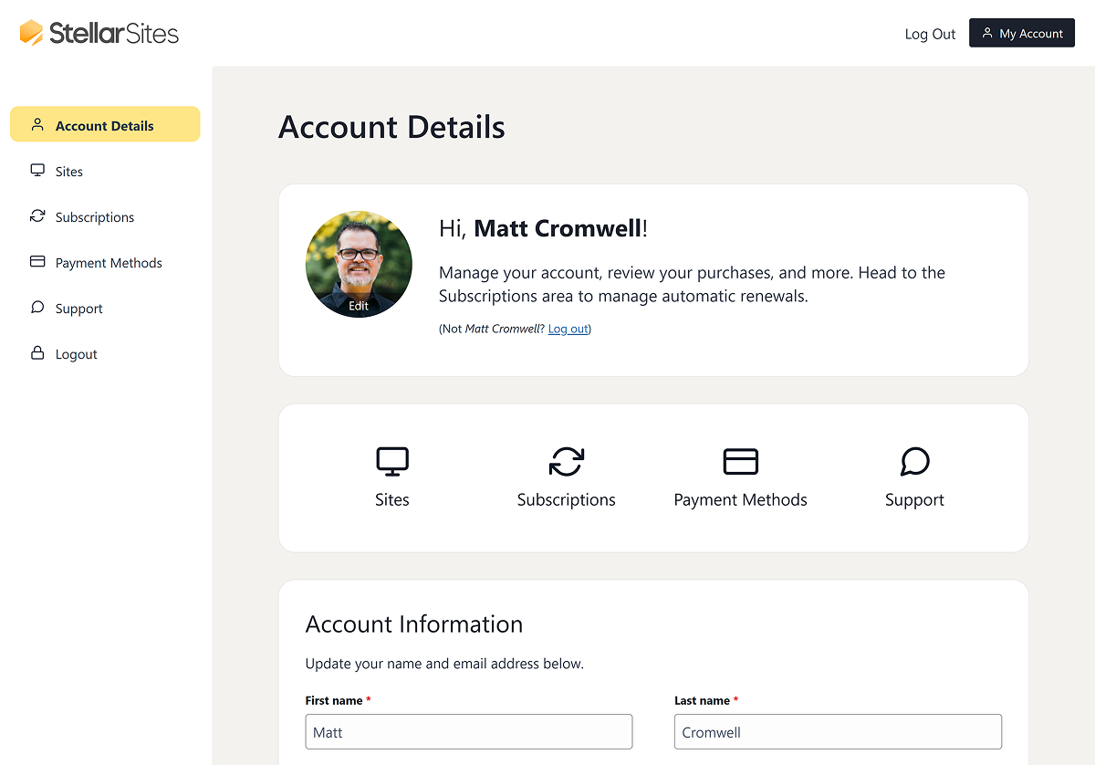 A user dashboard for Stellar Sites displaying account details. The main panel shows a greeting to "Matt Cromwell," with options to manage the account, review purchases, and manage subscriptions. The sidebar includes navigation options for Account Details, Sites, Subscriptions, Payment Methods, Support, and Logout. Below, there is a form for updating account information, specifically the first and last name fields.