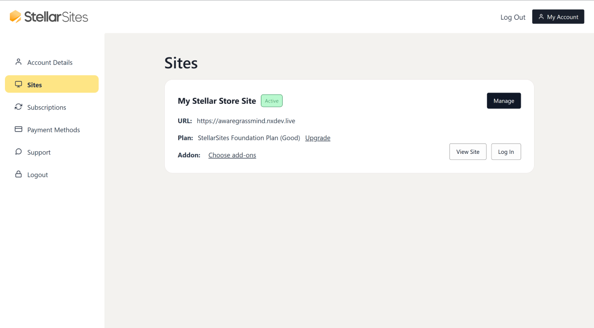 A screenshot of the Stellar Sites dashboard showing the 'Sites' section. The page lists 'My Stellar Store Site' as active with its URL (https://awaregrassmind.nxdev.live) and plan details as 'StellarSites Foundation Plan (Good)' with an upgrade option. There are buttons to 'View Site' and 'Log In,' and a 'Manage' button. The side menu includes options like Account Details, Sites, Subscriptions, Payment Methods, Support, and Logout.
