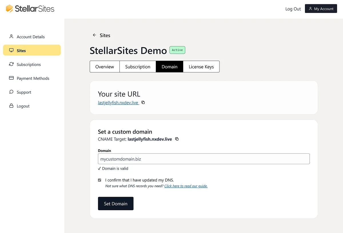 A screenshot of the StellarSites dashboard focused on setting a custom domain. The user is in the 'Domain' tab under 'StellarSites Demo,' which shows the site URL as "lastjellyfish.nxdev.live." The custom domain "mycustomdomain.biz" is entered as valid, with a checkbox confirming DNS updates, and a button labeled 'Set Domain.' The left sidebar includes menu options such as Account Details, Sites, Subscriptions, Payment Methods, Support, and Logout.
