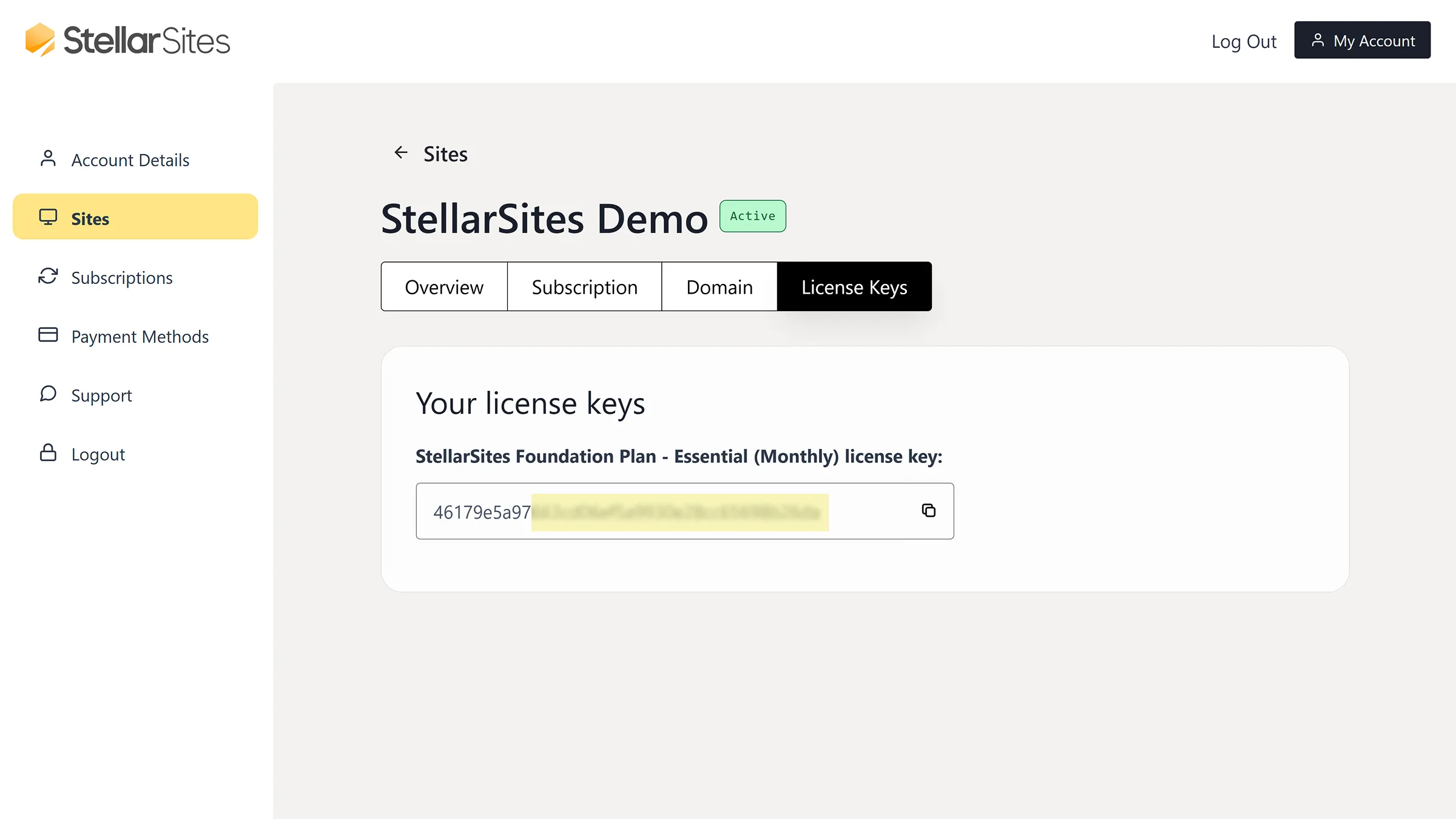 A user interface for StellarSites displaying a license key management page. The page shows 'StellarSites Demo' as active, with options for Overview, Subscription, Domain, and License Keys. A license key for the 'StellarSites Foundation Plan - Essential (Monthly)' is partially visible, with an option to copy it. The sidebar includes navigation options such as Account Details, Sites, Subscriptions, Payment Methods, Support, and Logout.
