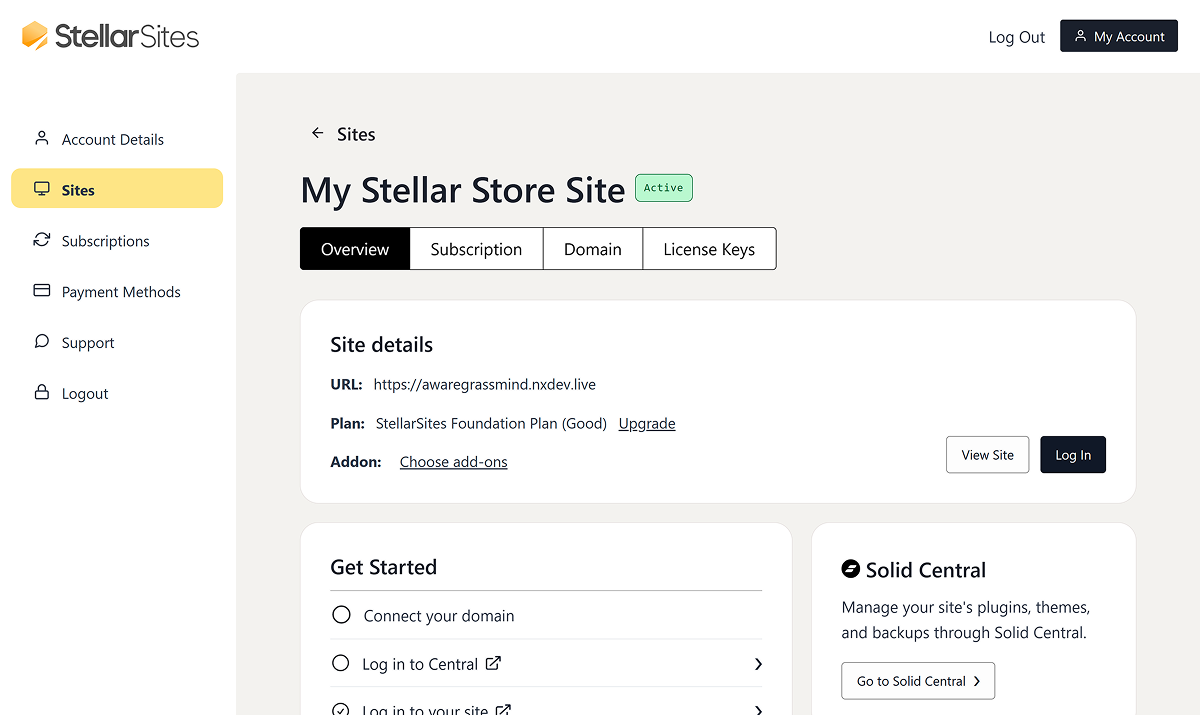 Web interface of StellarSites showing the site management dashboard. The dashboard provides options such as 'Overview', 'Subscription', 'Domain', and 'License Keys' tabs. Site details include the URL, plan type, and add-on options. The interface also features a navigation menu with items like Account Details, Sites, Subscriptions, Payment Methods, Support, and Logout.