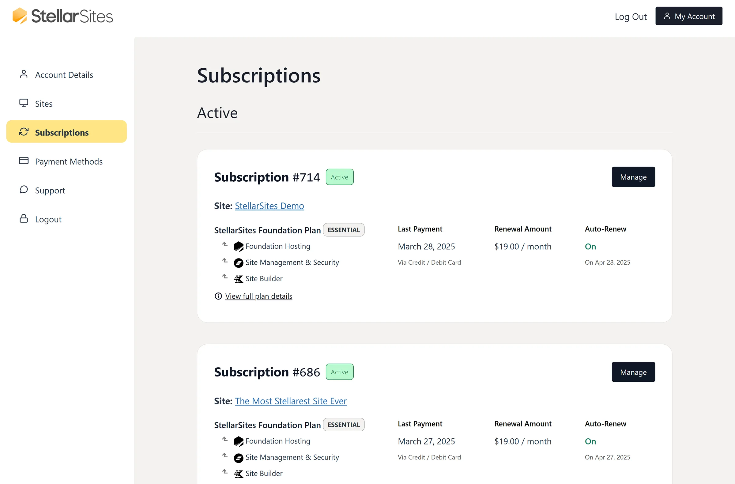 Screenshot of a website subscription management page from StellarSites, showing two active subscriptions with details such as site name, plan type, last payment date, renewal amount, and auto-renewal status. A sidebar on the left includes options like Account Details, Sites, and Logout.