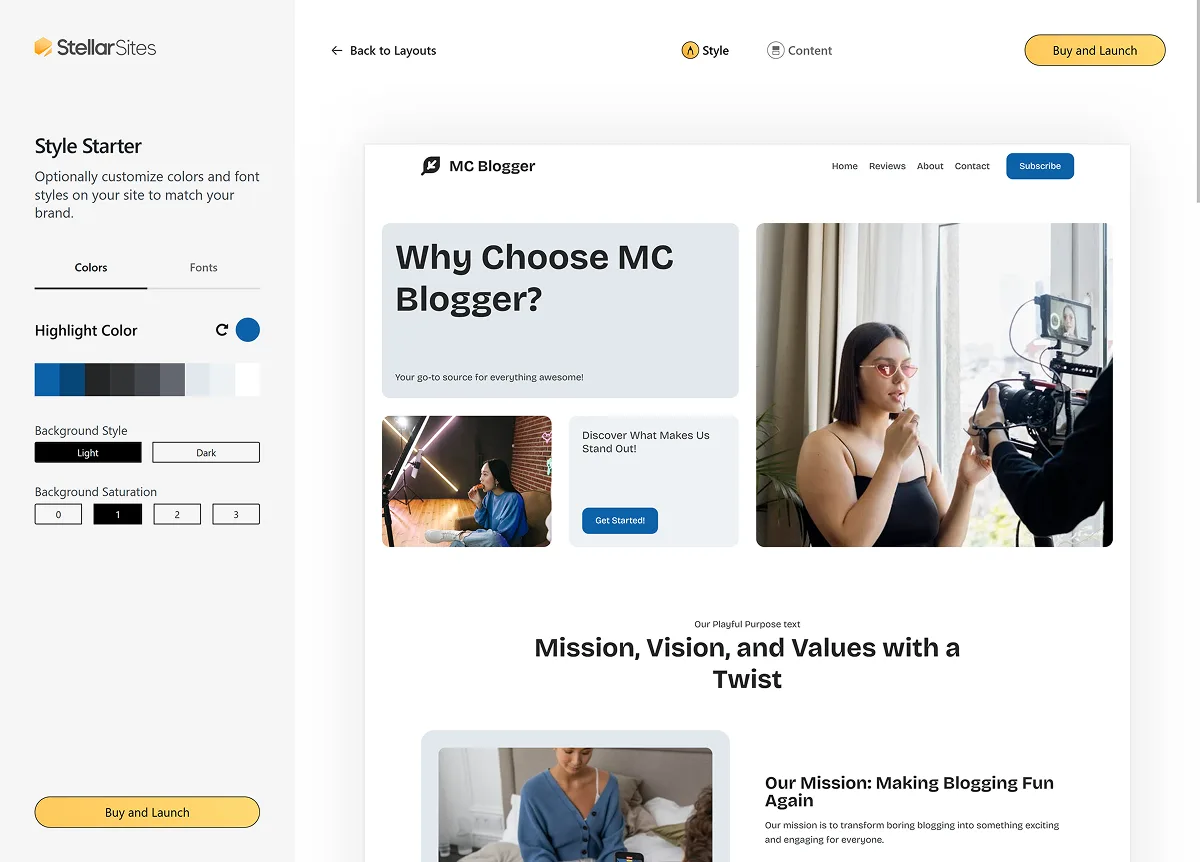 Website design interface for "MC Blogger" showcasing customizable styling options such as colors and fonts on the left panel, and a blog layout preview on the right with images and text headings like "Why Choose MC Blogger?" and "Mission, Vision, and Values with a Twist."