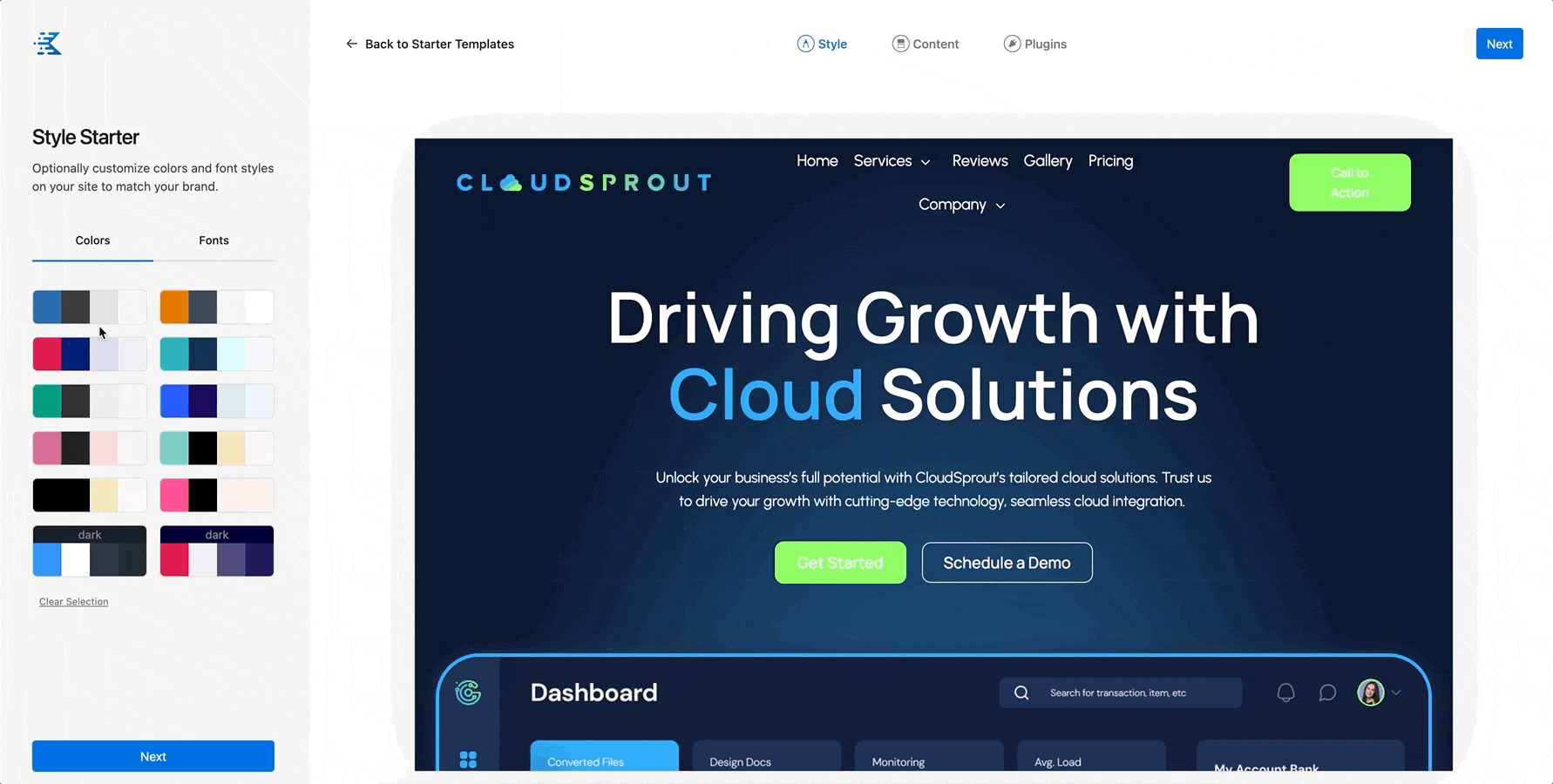 A web design interface showing a "Style Starter" panel on the left with color and font customization options, and a preview of a website on the right. The website preview displays the text "Driving Growth with Cloud Solutions" over a dark blue background with navigation options and a "Call to Action" button.