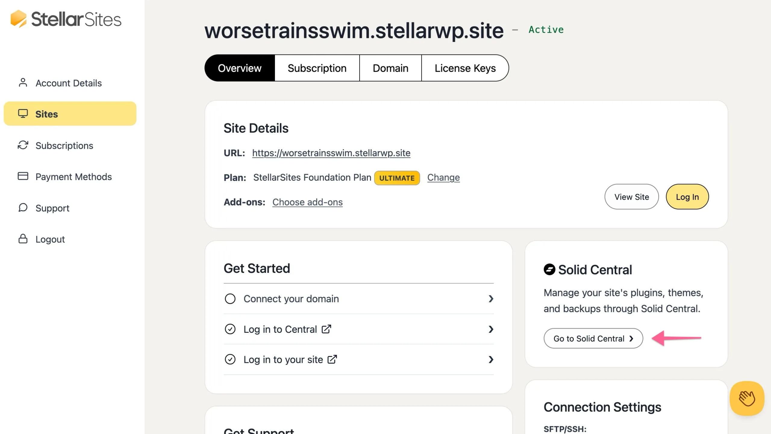 Dashboard of StellarSites showing the site details for "worsetrainsswim.stellarwp.site" with options for overview, subscription, domain, and license keys. It includes links to manage domains, log in, and access support, with a section for "Solid Central" to manage plugins and backups.