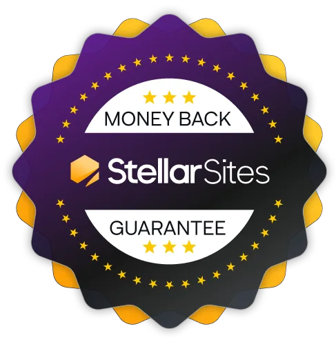 A circular badge with a purple and yellow color scheme, featuring the text "Money Back Guarantee" and "Stellar Sites" at the center with a star border.
