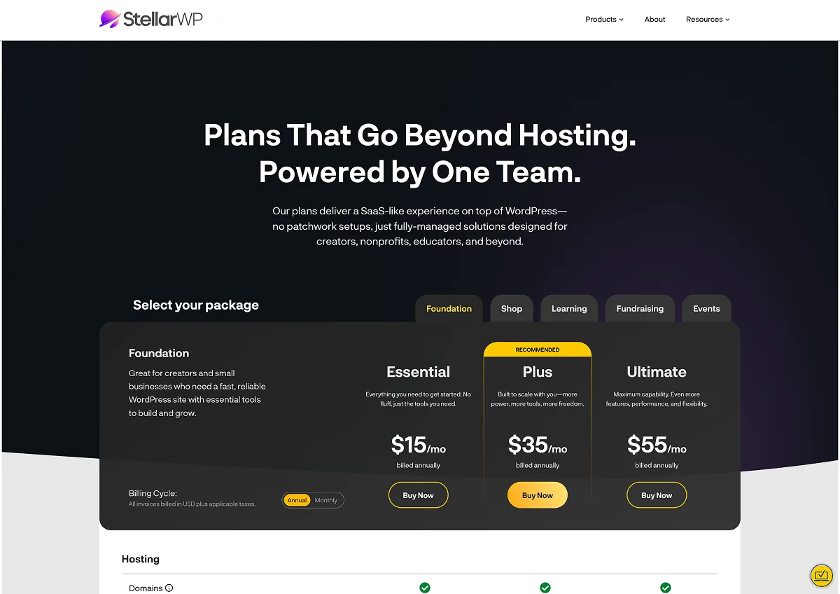 StellarWP pricing page showcasing hosting plans: Essential at $15/month, Plus (recommended) at $35/month, and Ultimate at $55/month, all billed annually. The text highlights the plans as a fully-managed solution on WordPress for creators, nonprofits, and educators.
