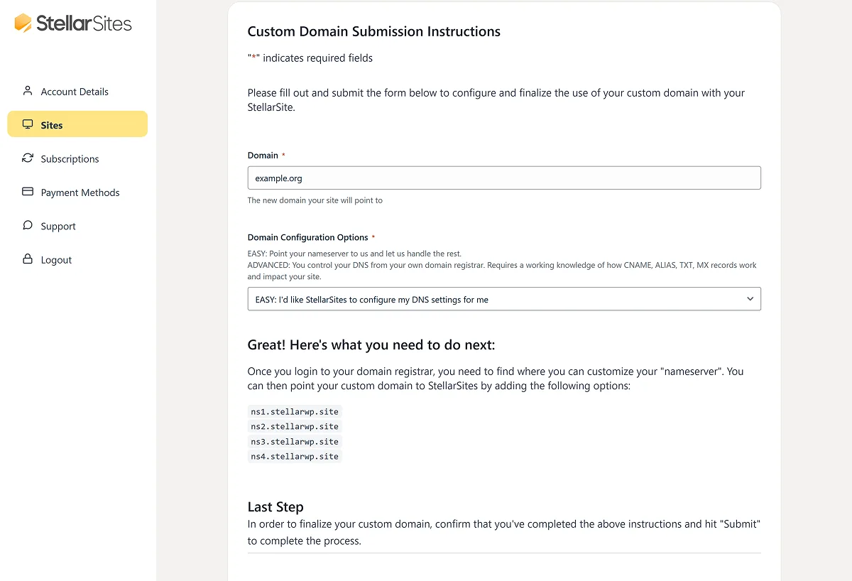 A webpage from StellarSites with the title 'Custom Domain Submission Instructions'. It includes a form to submit a domain name with options for domain configuration. Instructions for pointing a custom domain to StellarSites by updating DNS nameservers are provided, along with fields for domain details. Navigation options are visible on the left sidebar, including links to Account Details, Sites, Subscriptions, Payment Methods, Support, and Logout.