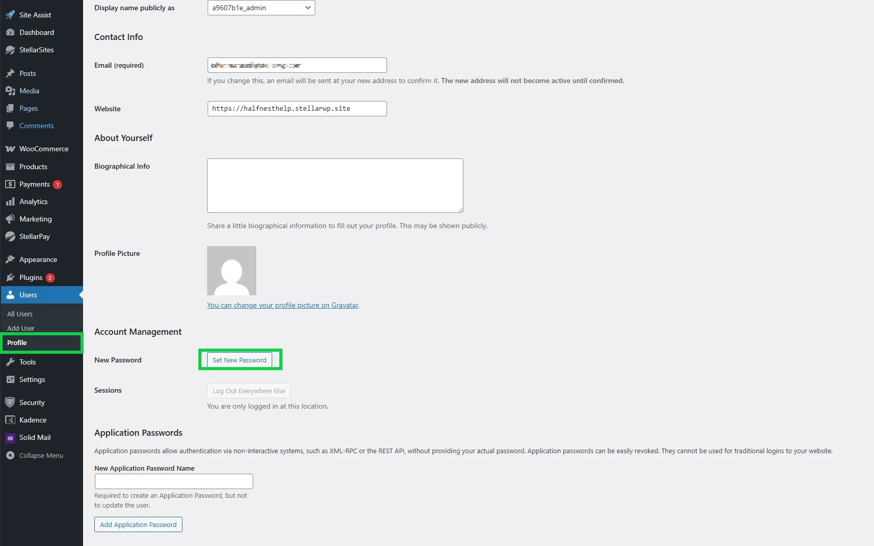Screenshot of a WordPress user profile settings page. Sections include contact information with an email address, a website URL, biographical info, and account management with an option to set a new password. The 'Set New Password' button is highlighted in green. The sidebar menu includes sections like Dashboard, Posts, Media, and Users, with 'Profile' selected.