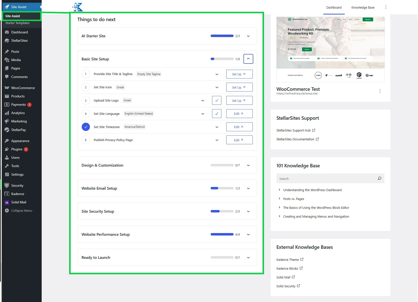 A screenshot of a website dashboard featuring a 'Things to do next' checklist with sections for site setup, design, email, security, performance, and launch readiness. The sidebar on the left includes navigation links such as Dashboard, Posts, Pages, and others. Support and knowledge base links are visible on the right panel.
