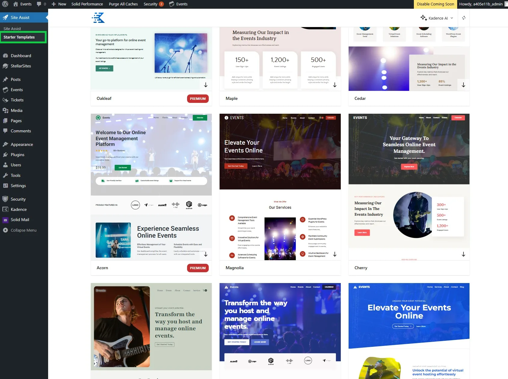A WordPress dashboard displaying various starter templates for event management websites, with options like Oakleaf, Maple, Cedar, Acorn, Magnolia, and Cherry. Each template has a preview image, some labeled as 'Premium'. The left-side menu includes sections like Dashboard, Posts, Events, and Appearance.