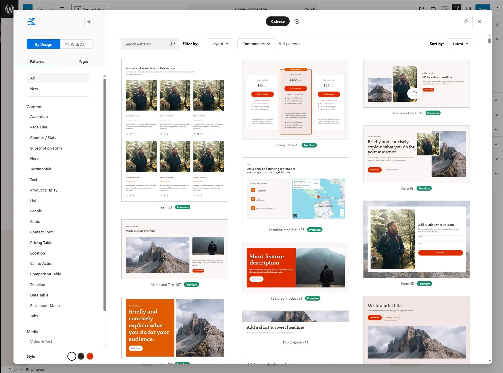 A screenshot of the Kadence theme pattern library interface showcasing various layout and component designs. The sidebar on the left displays categories like Content, Page Title, Testimonials, etc. The main section features thumbnail previews of design patterns such as team layouts, pricing tables, media and text, featured product descriptions, and contact forms, some marked as 'Premium.' The interface facilitates filtering by layout and components.