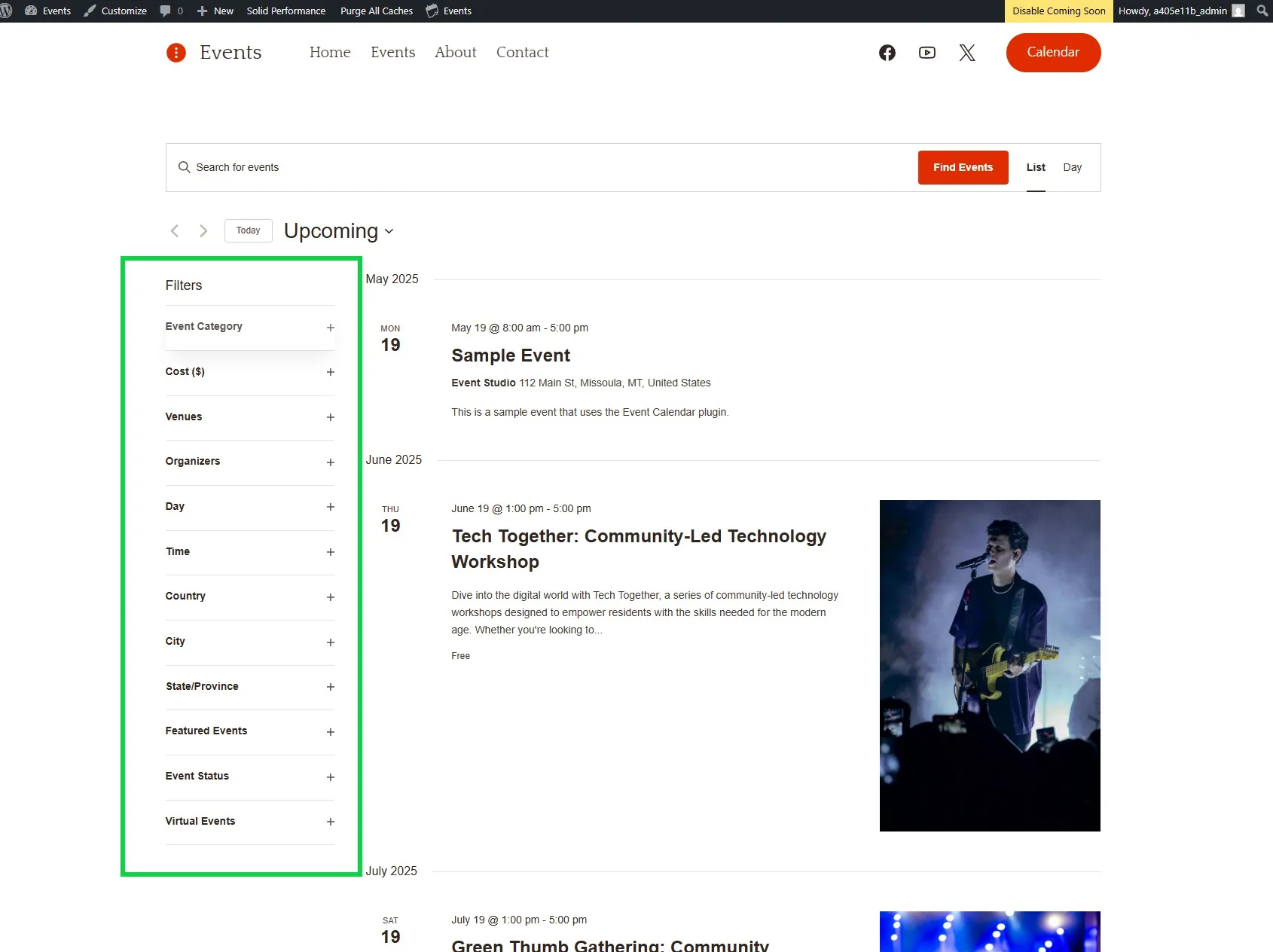 A webpage displaying a list of upcoming events using the Event Calendar plugin. On the left, there is a filter section allowing users to sort events by category, cost, venue, organizers, date, time, country, city, state/province, featured events, event status, and virtual events. The events are listed by date, with details like name, time, location, and a brief description. A highlighted event titled 'Tech Together: Community-Led Technology Workshop' is accompanied by an image of a person with a guitar on stage.