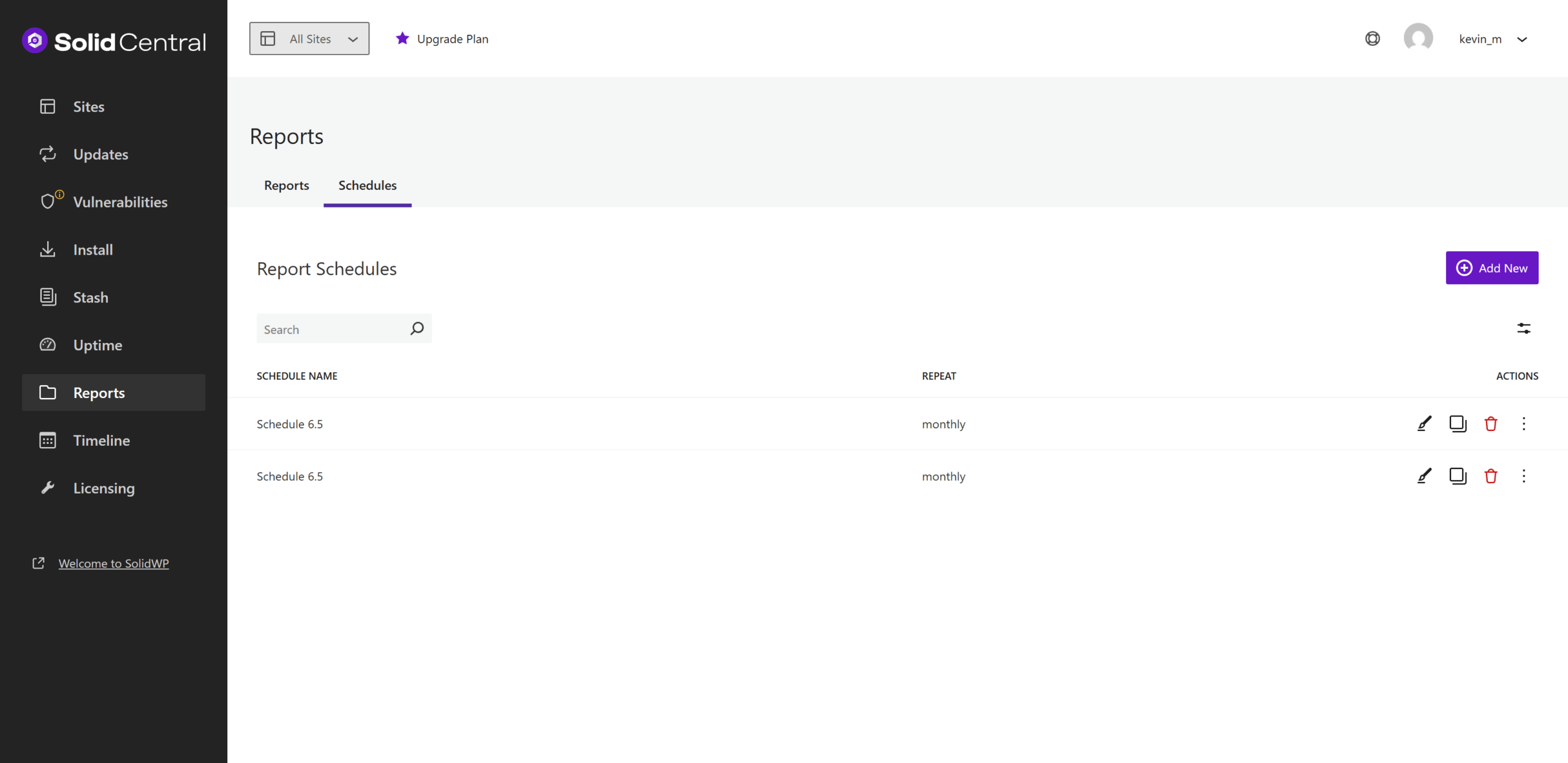 Dashboard interface of SolidCentral showing the 'Report Schedules' section with two schedules named 'Schedule 6.5', both set to repeat monthly. The left sidebar includes navigation options like Sites, Updates, Vulnerabilities, Install, Stash, Uptime, Reports, Timeline, and Licensing. The top right features a user profile icon and a purple 'Add New' button.