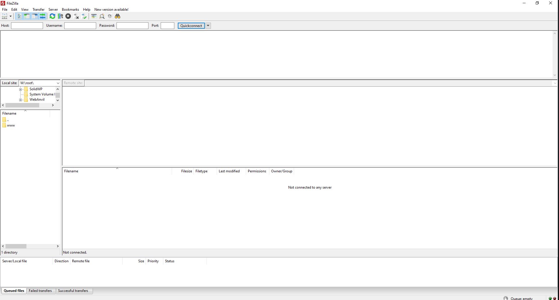 Screenshot of the FileZilla FTP client interface, showing the quick connect fields at the top for host, username, password, and port, with the "Quickconnect" button. The main panel is empty, indicating no current server connection, and the left sidebar displays a local directory tree starting with 'W-root'.