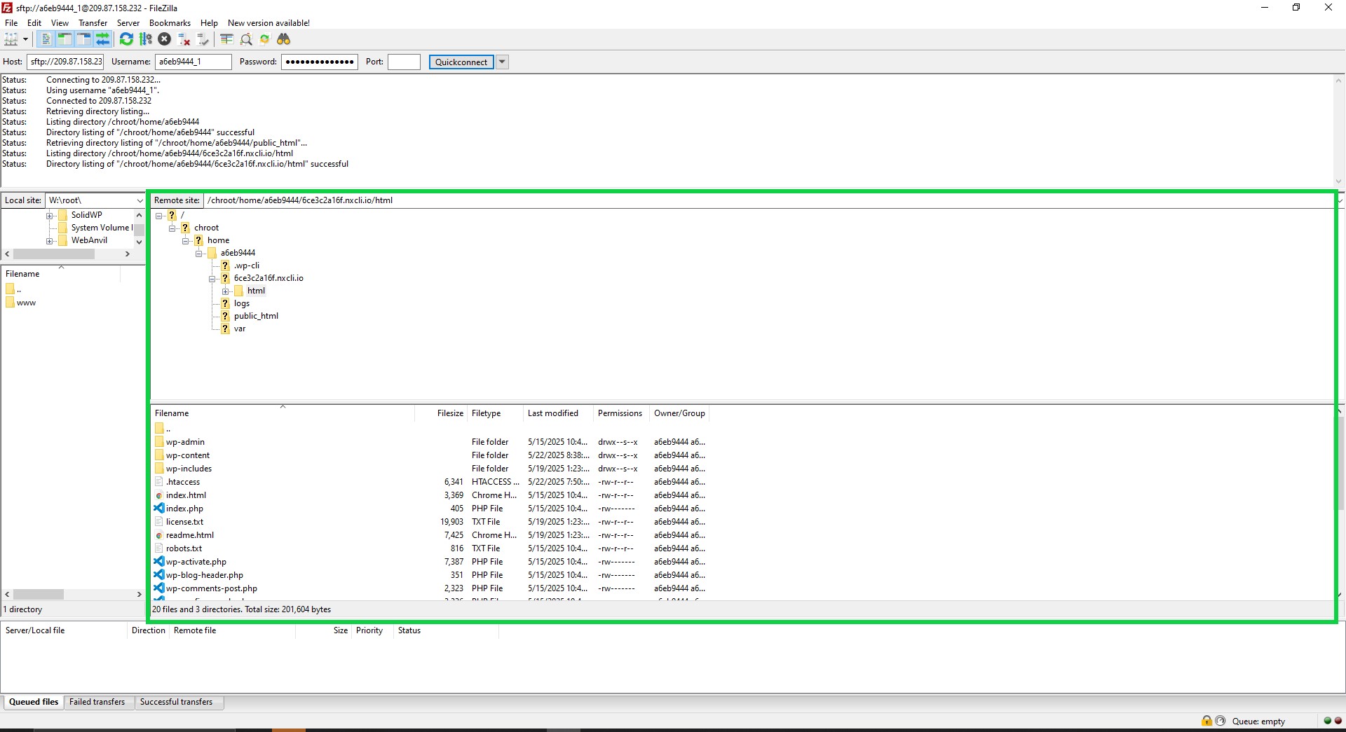 Screenshot of FileZilla FTP client interface displaying connection details to a remote server and a directory listing with files like 'wp-admin', 'wp-content', and 'index.php'.