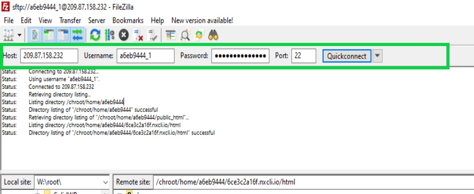 Screenshot of the FileZilla FTP client interface showing a successful connection to a server at IP address 209.87.158.232 with username 'a6eb9444_1'. The password is obscured by dots, and the connection is made on port 22. The interface displays status messages indicating successful retrieval of directory listings.