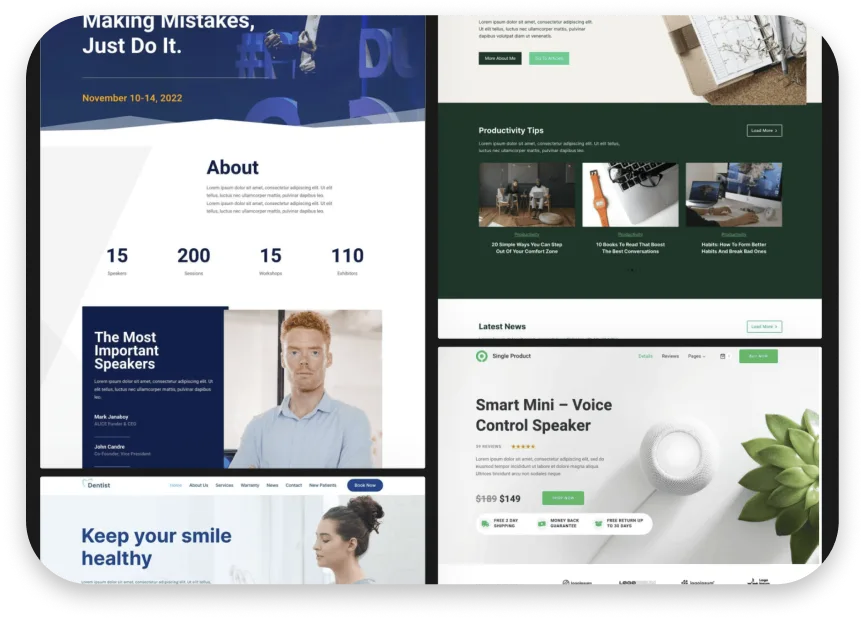 A collage of four website design templates including a conference page, productivity tips section, dental clinic webpage, and product advertisement for a smart speaker.