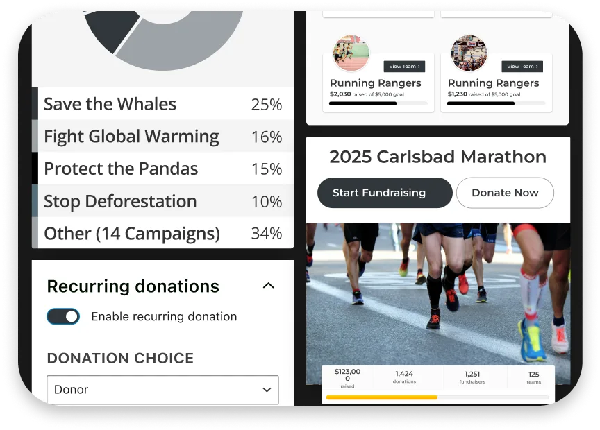 A fundraising dashboard displaying donation percentages for various campaigns, options for recurring donations, and information about the 2025 Carlsbad Marathon with a fundraising progress bar and team goals.