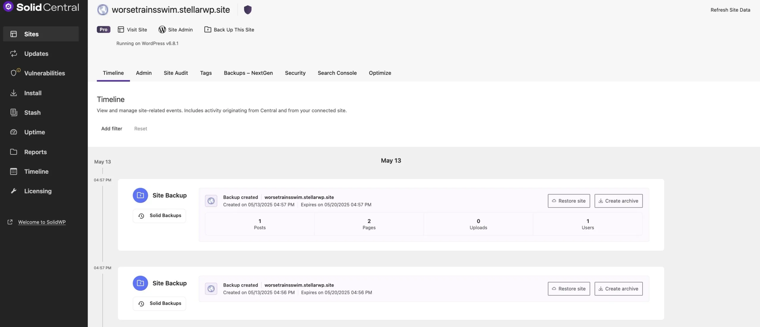 Screenshot of Solid Central dashboard showing a site's timeline and backup history, with options to restore or create an archive of the backups on May 13th.