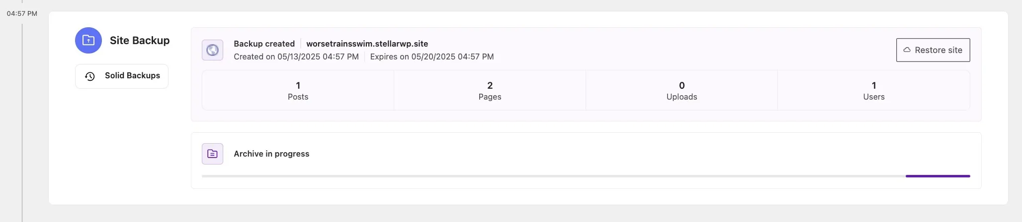 Screenshot of a website backup interface showing a backup for "worsetrainsswim.stellarwp.site," with details about posts, pages, uploads, and users. The backup created on 05/13/2025 expires on 05/20/2025, and an archive is in progress.