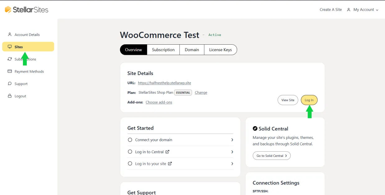 A screenshot of the Stellar Sites interface showing the "WooCommerce Test" site details page. The sidebar highlights the "Sites" section, with a green arrow pointing at it. The main panel displays details like URL, plan, and add-ons. A "Log In" button is highlighted with a green arrow for user access to the site.