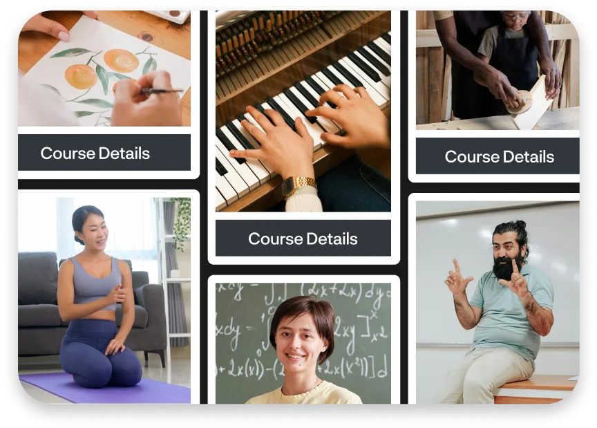 Collage of six images showing various activities: painting, playing piano, woodworking, yoga, a person in front of a chalkboard, and a lecturer speaking, each labeled "Course Details."