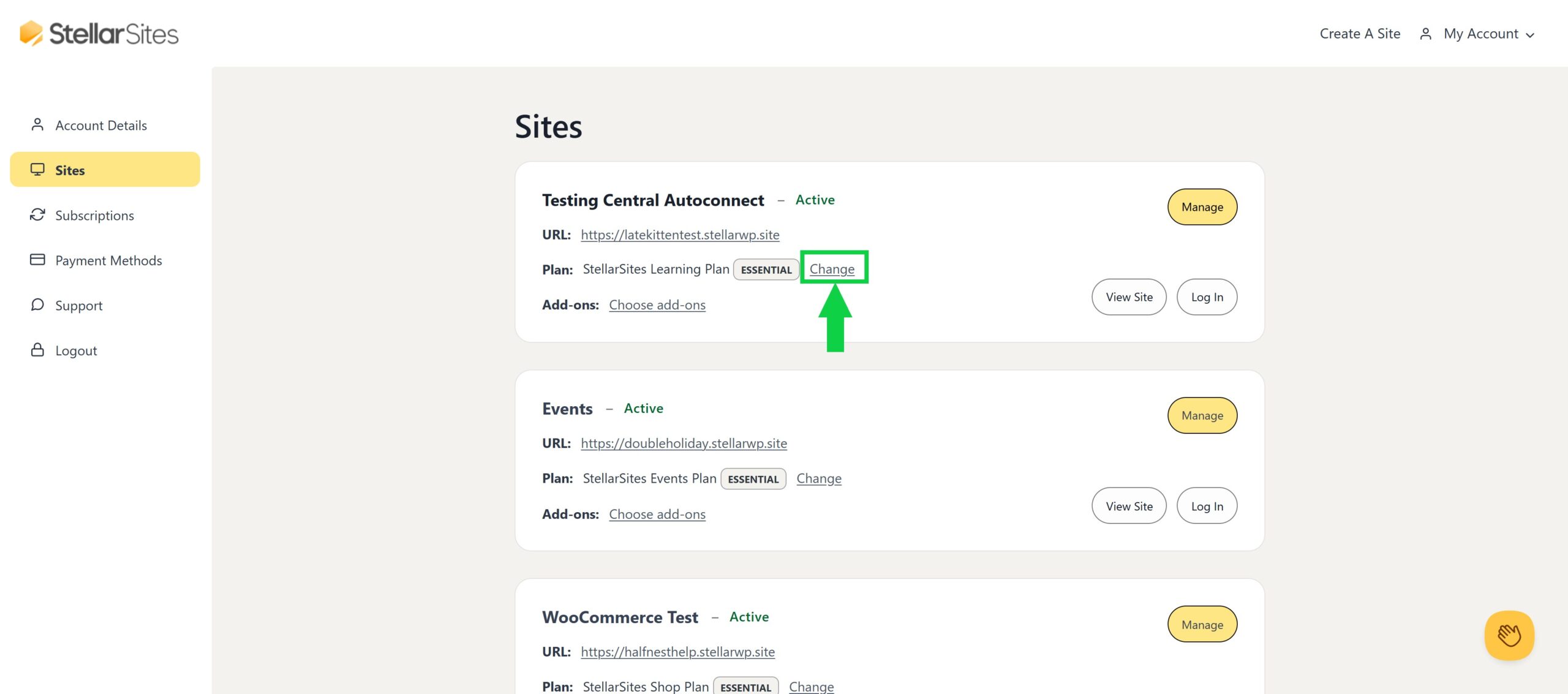 A StellarSites dashboard showing a list of sites with management options. The "Testing Central Autoconnect" site is highlighted, with a green arrow pointing to the "Change" link in the "Plan" section. The sidebar includes navigation options like Account Details, Sites, Subscriptions, Payment Methods, Support, and Logout.