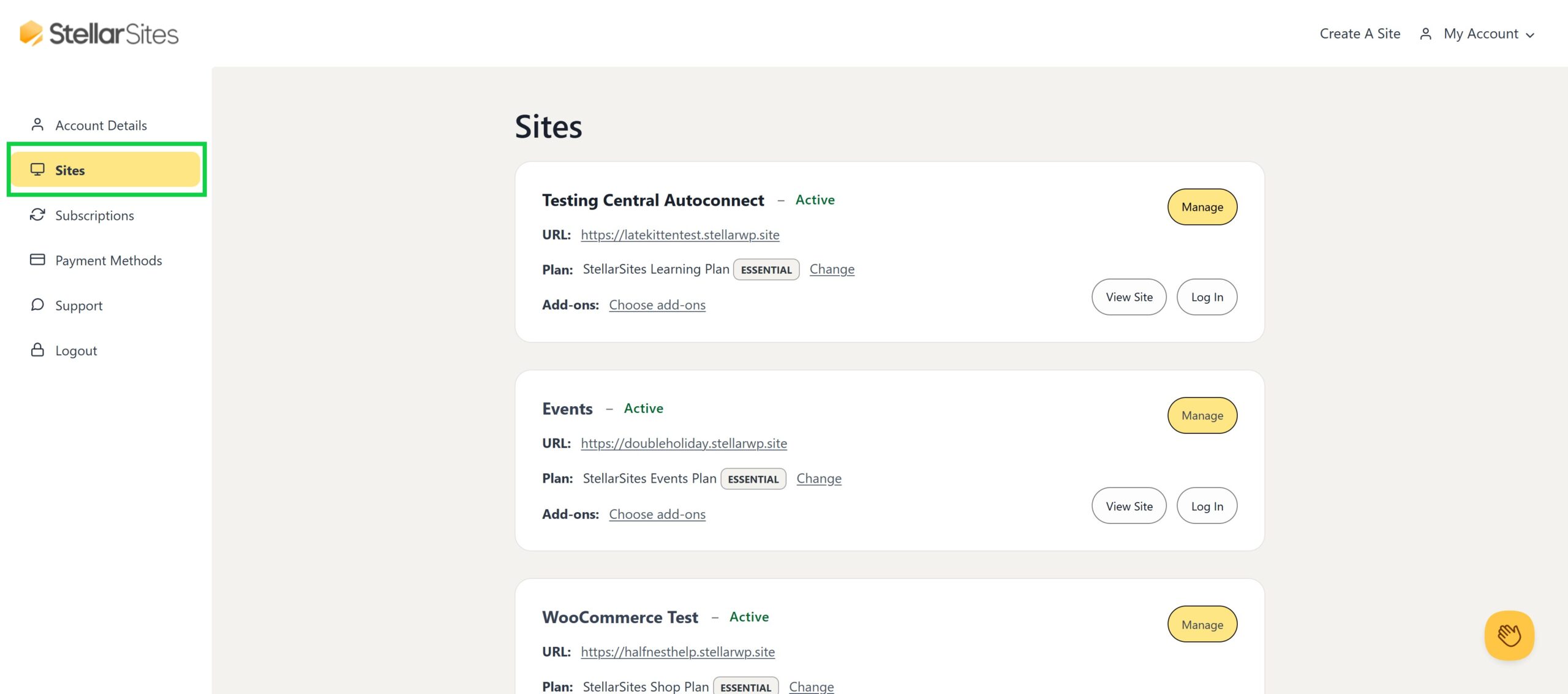 A dashboard interface from StellarSites showing a list of websites under "Sites." Each site entry displays its name, status, URL, plan, and options to manage, view, or log in. The sidebar includes menu items such as Account Details, Subscriptions, Payment Methods, Support, and Logout, with the "Sites" section highlighted.