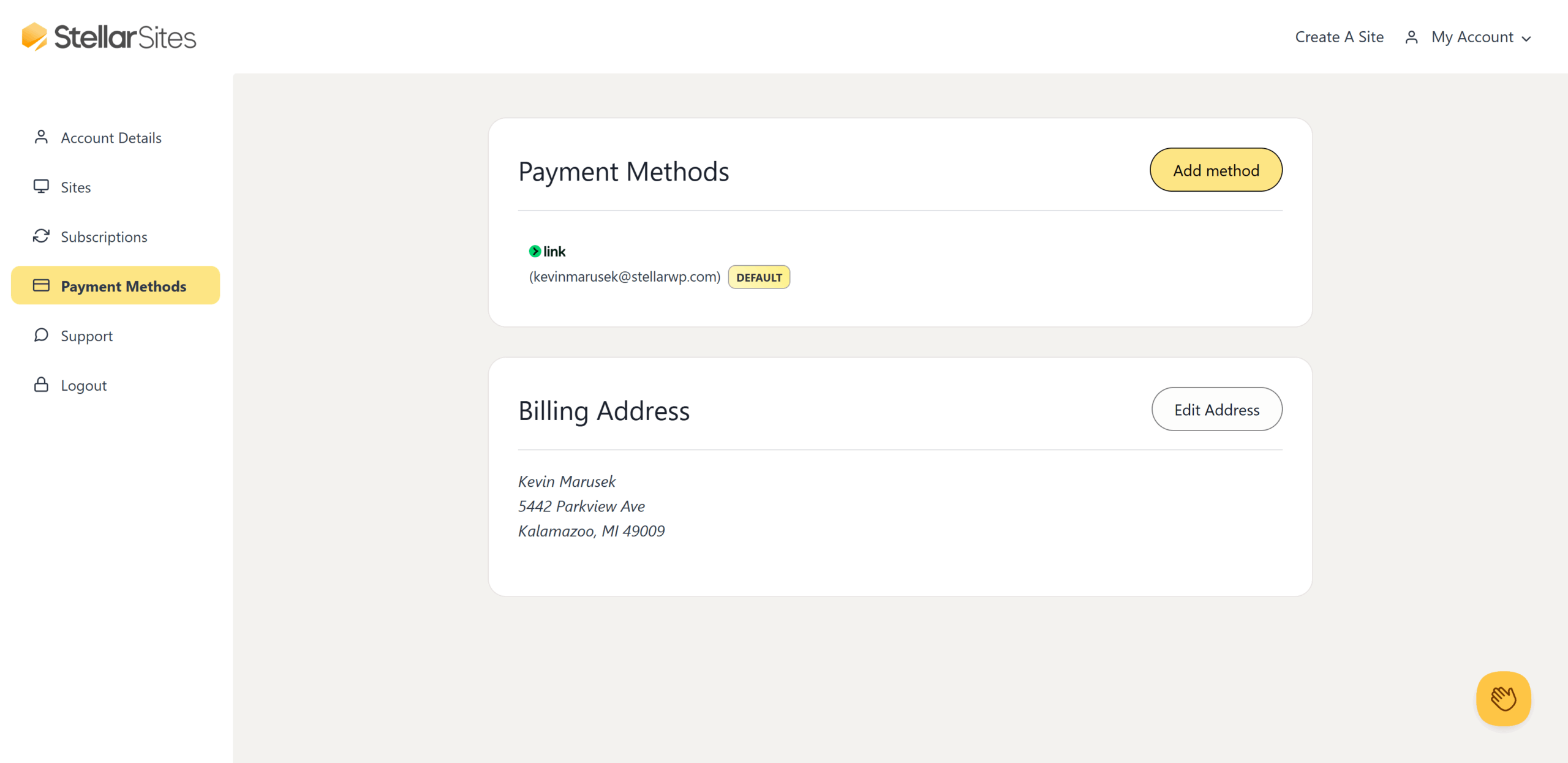 A dashboard interface of Stellar Sites showing the Payment Methods and Billing Address sections. The Payment Methods section lists one method linked to an email address and marked as default, with an option to add more methods. The Billing Address section displays a name and address with an option to edit it. A sidebar with navigation options is on the left, and there are options for creating a site and accessing the account at the top right.