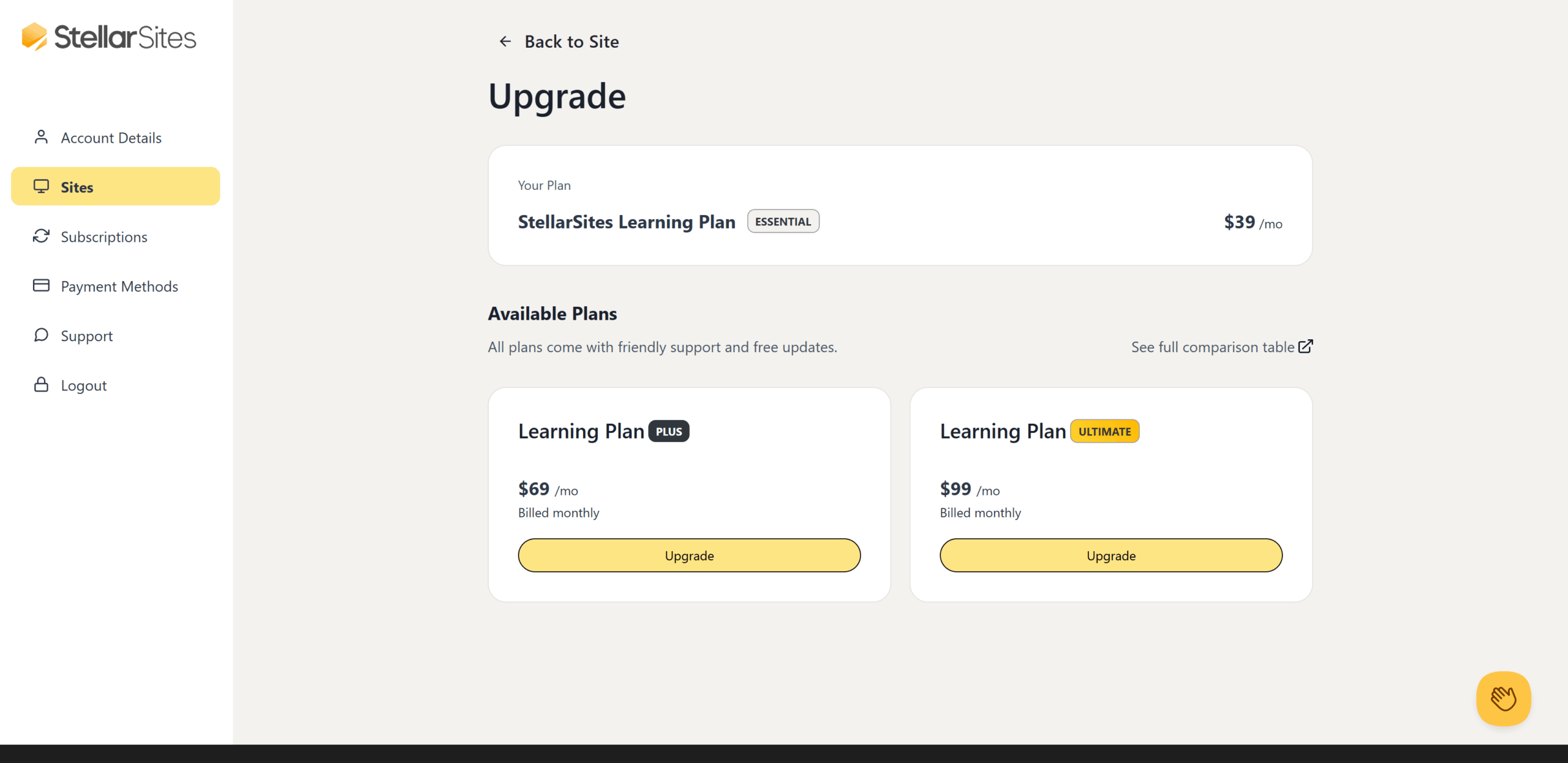 A webpage interface for upgrading a StellarSites plan, showing the current plan, 'StellarSites Learning Plan Essential' at $39 per month, and two available upgrade options: 'Learning Plan Plus' at $69 per month and 'Learning Plan Ultimate' at $99 per month. The interface includes a navigation menu with options like Account Details, Sites, Subscriptions, Payment Methods, Support, and Logout.