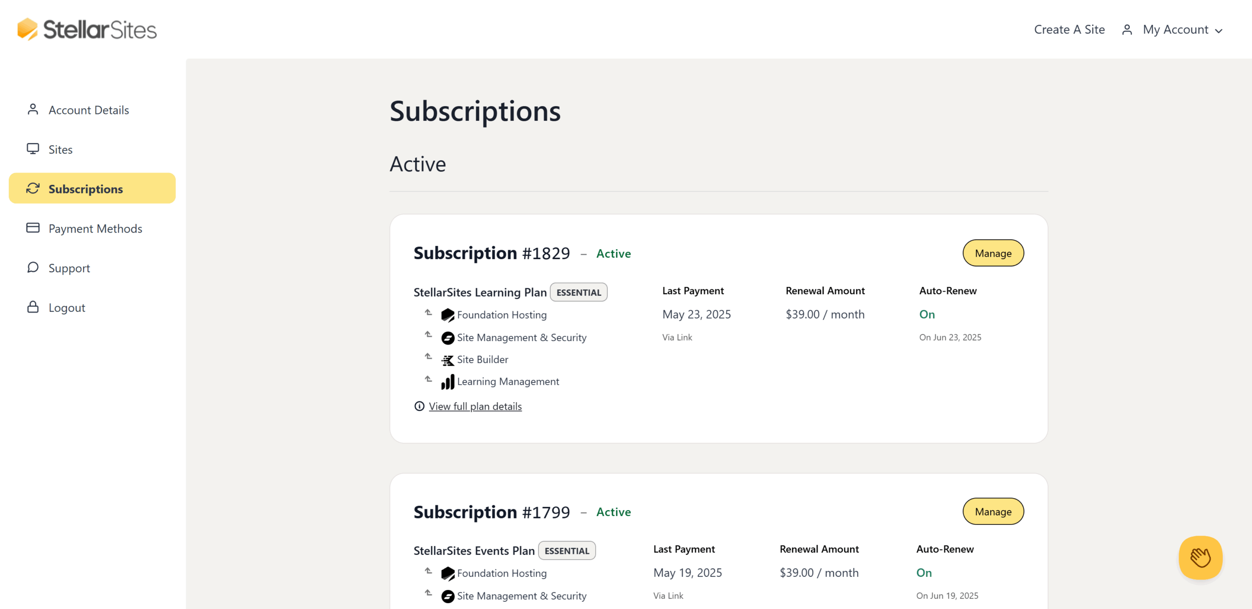 A webpage displaying active subscription details for StellarSites, including two plans: a Learning Plan and an Events Plan. Each plan shows subscription number, status, plan type, included services, last payment date, renewal amount, and auto-renew settings with a manage button. The sidebar contains navigation options for account details, sites, subscriptions, payment methods, support, and logout.