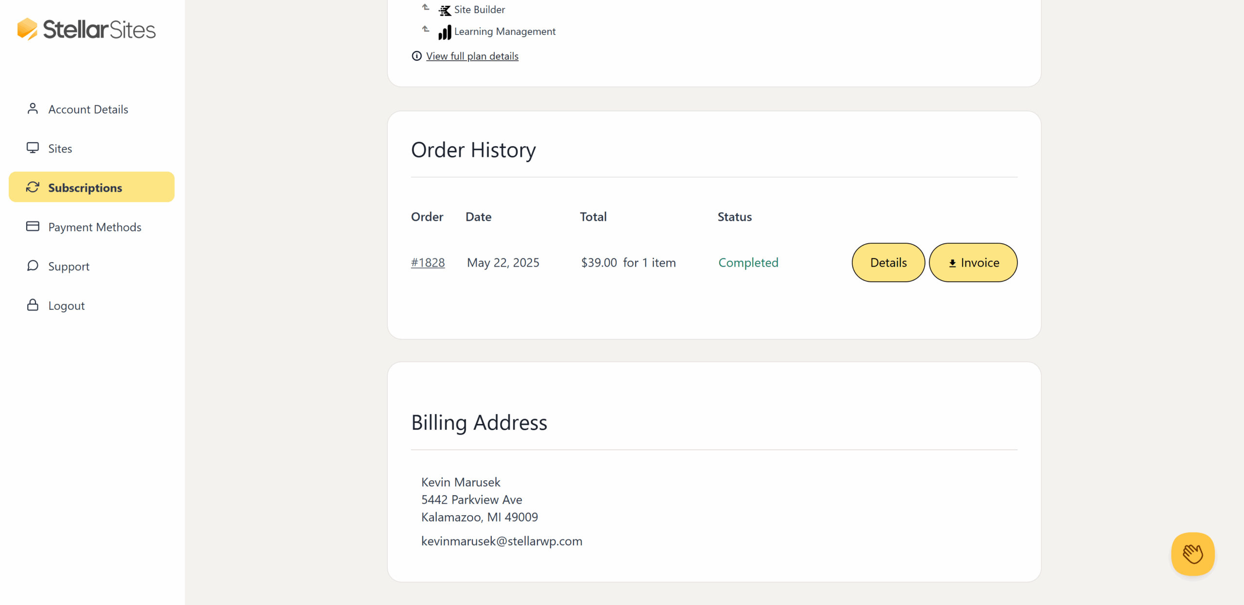 A screenshot of the StellarSites dashboard showing the Subscriptions section. The page includes an Order History table with one completed order (#1828) dated May 22, 2025, for .00. There are "Details" and "Invoice" buttons next to the order. Below is the Billing Address, listing Kevin Marusek&rsquo;s address in Kalamazoo, MI, and email address.