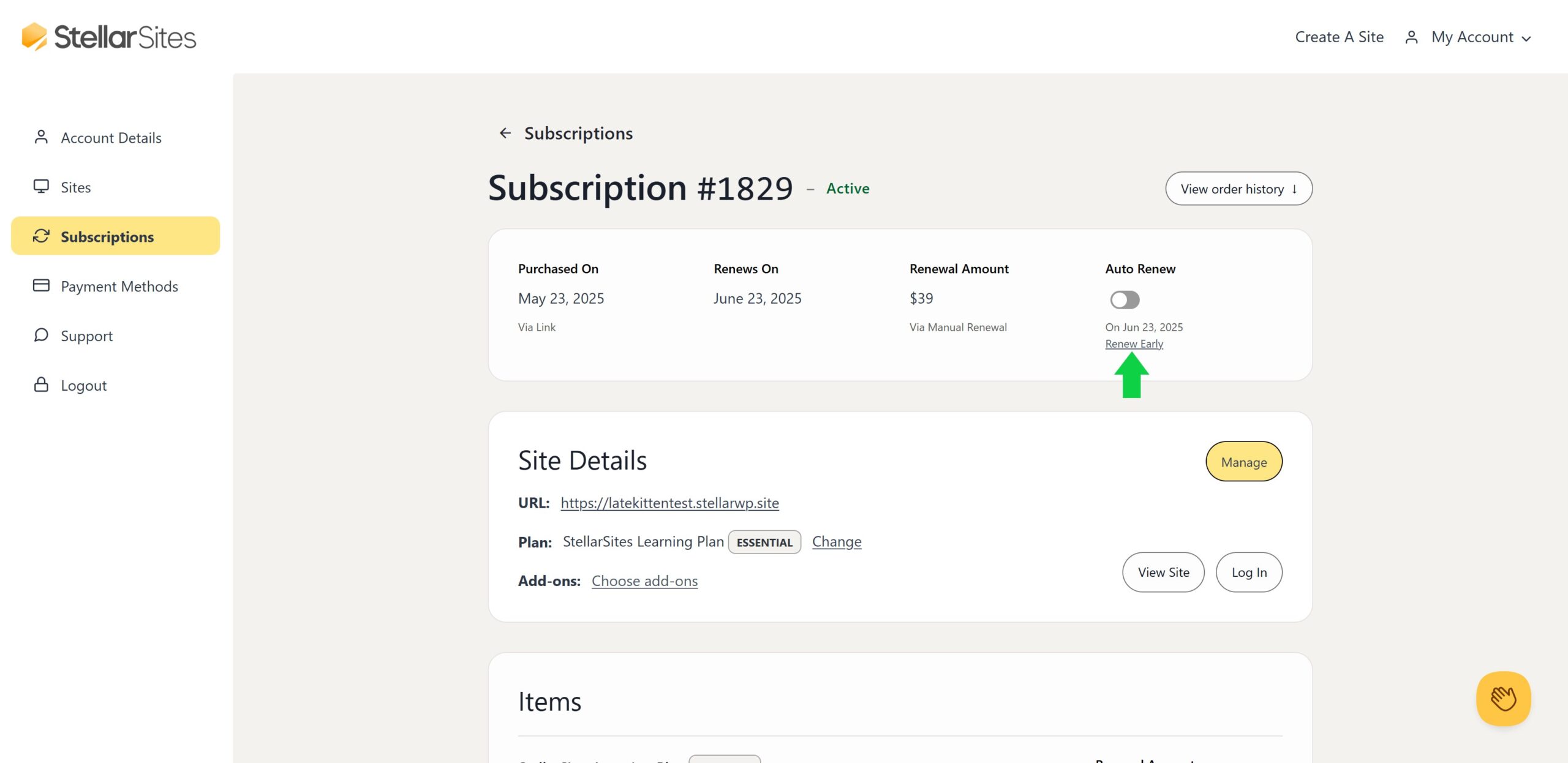 A dashboard of a subscription management page for StellarSites showing subscription #1829. The status is active, with purchase and renewal dates listed as May 23, 2025, and June 23, 2025, respectively. The renewal amount is  with manual renewal set. Auto-renew is toggled off with an option to 'Renew Early.' Site details include a URL and the 'StellarSites Learning Plan Essential.' The left sidebar shows menu options: Account Details, Sites, Subscriptions, Payment Methods, Support, and Logout.