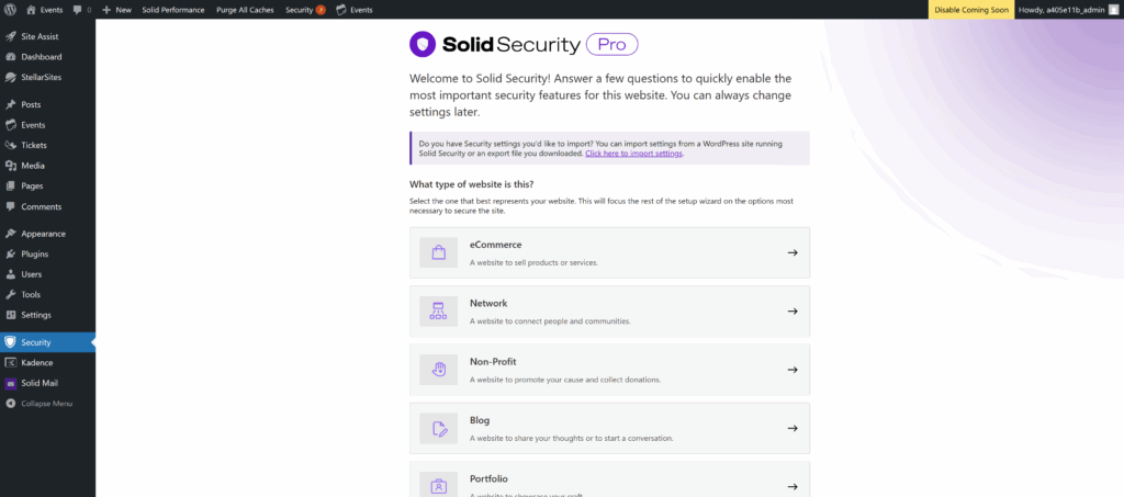 A WordPress admin dashboard displaying the Solid Security Pro setup wizard. The wizard asks, "What type of website is this?" with options for "eCommerce," "Network," "Non-Profit," "Blog," and "Portfolio," alongside their respective descriptions. The left sidebar includes menu options like Posts, Media, and Settings.