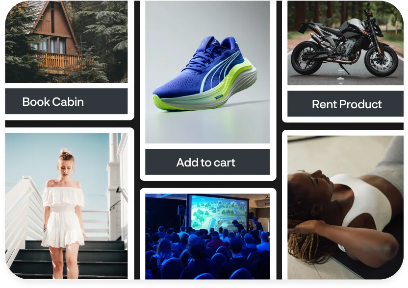 Collage of various images, including a wooden cabin in a forest with the text 'Book Cabin,' a blue athletic shoe with the text 'Add to cart,' a motorcycle with the text 'Rent Product,' a woman in a white dress on a staircase, a group of people watching a presentation, and a woman exercising on a yoga mat.