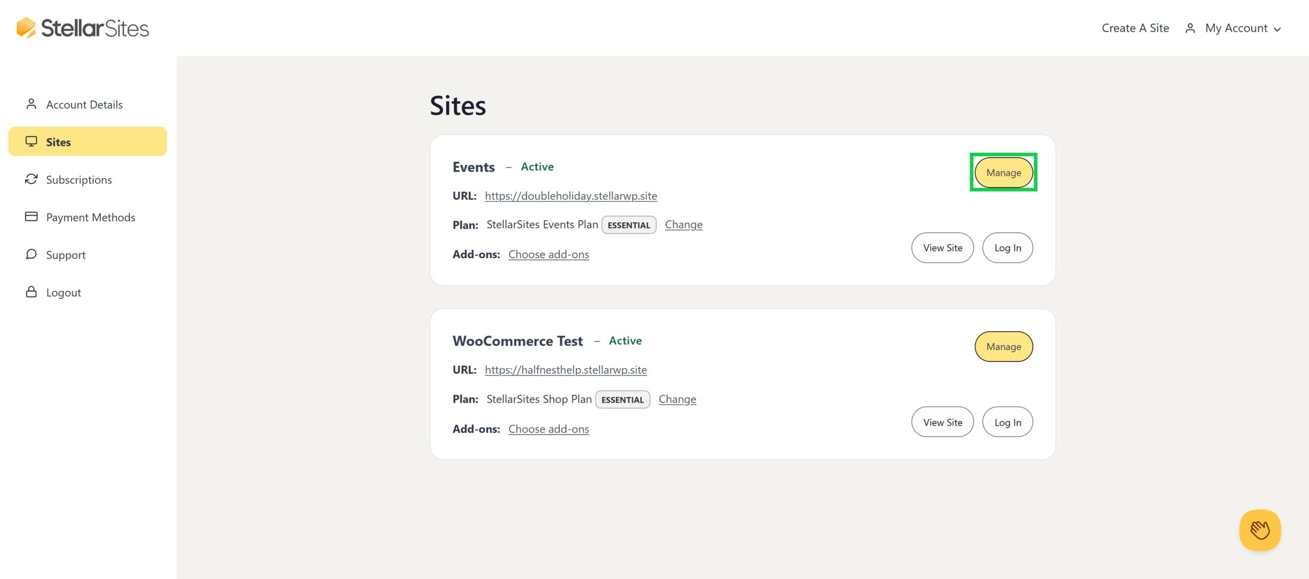 Screenshot of the Stellar Sites dashboard displaying two active sites: 'Events' and 'WooCommerce Test', each with options to manage, view, or log in. The left sidebar shows navigation options including Account Details, Sites, Subscriptions, Payment Methods, Support, and Logout.