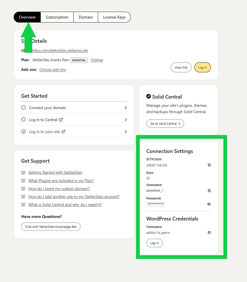 Screenshot of a web hosting management dashboard showing tabs for Overview, Subscription, Domain, and License Keys. The Overview tab is selected. Site Details, Connection Settings for SFTP/SSH, and WordPress Credentials are displayed. Options include connecting to domain, logging in to the site, and access to Solid Central for managing plugins and themes. There's a section for getting support and a chat option with a knowledge bot.
